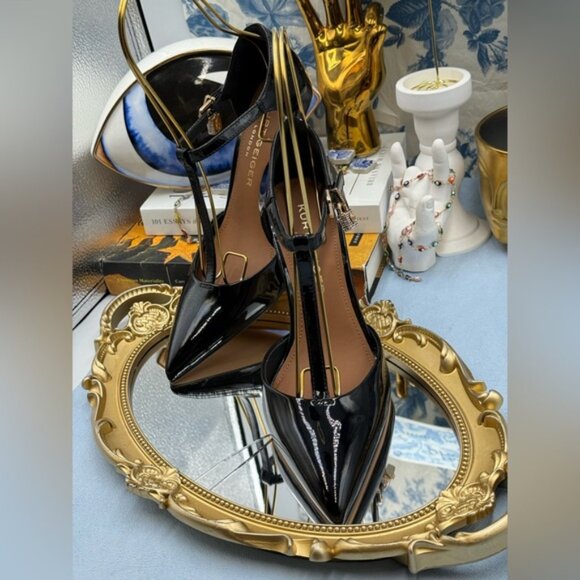 🆕 KURT GEIGER LONDON 🧿 NWOB Brixton Lock T Bar Court Heels, Black Patent, Sz 7 - Picture 8 of 16